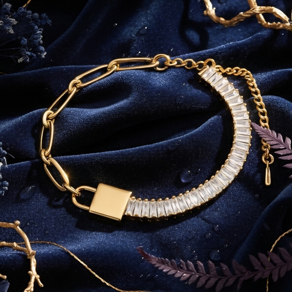 πModern Padlock Zircon Baguette Dainty Bracelet 18K Gold Plated Stainless Steel - Picture 5 of 10